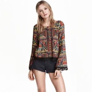 H&M Coachella Floral Flowy Boho Lace Trim Bell-Sleeve Long Sleeve Strappy Shirt